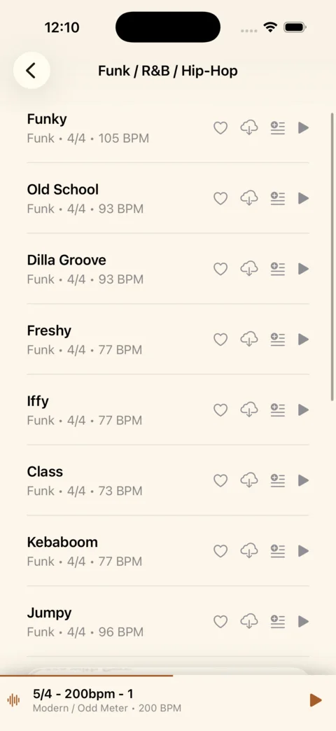 Drum Lab track list with tempo and lock icons