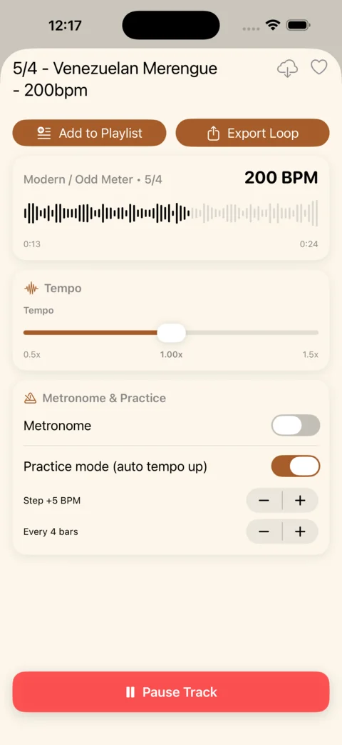 Drum Lab track detail with metronome and Practice Mode controls
