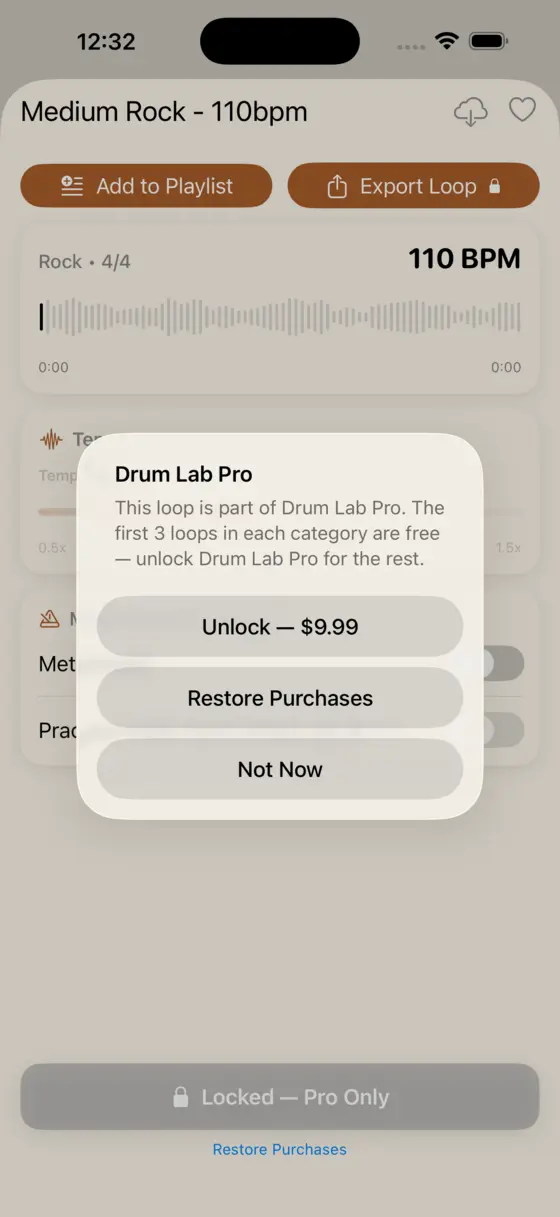 Drum Lab app showing the Export Loop option on a practice track