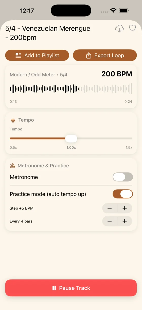 Drum Lab track detail screen with tempo slider, metronome toggle, and Practice Mode controls